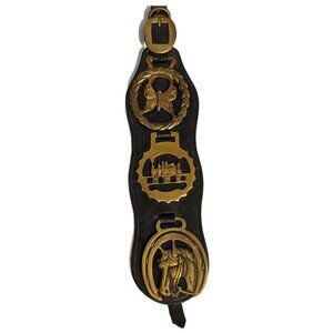 Vintage 3 Brass Horse Medallions Equestrian Strap Bridle 14.5" Buckle Country
